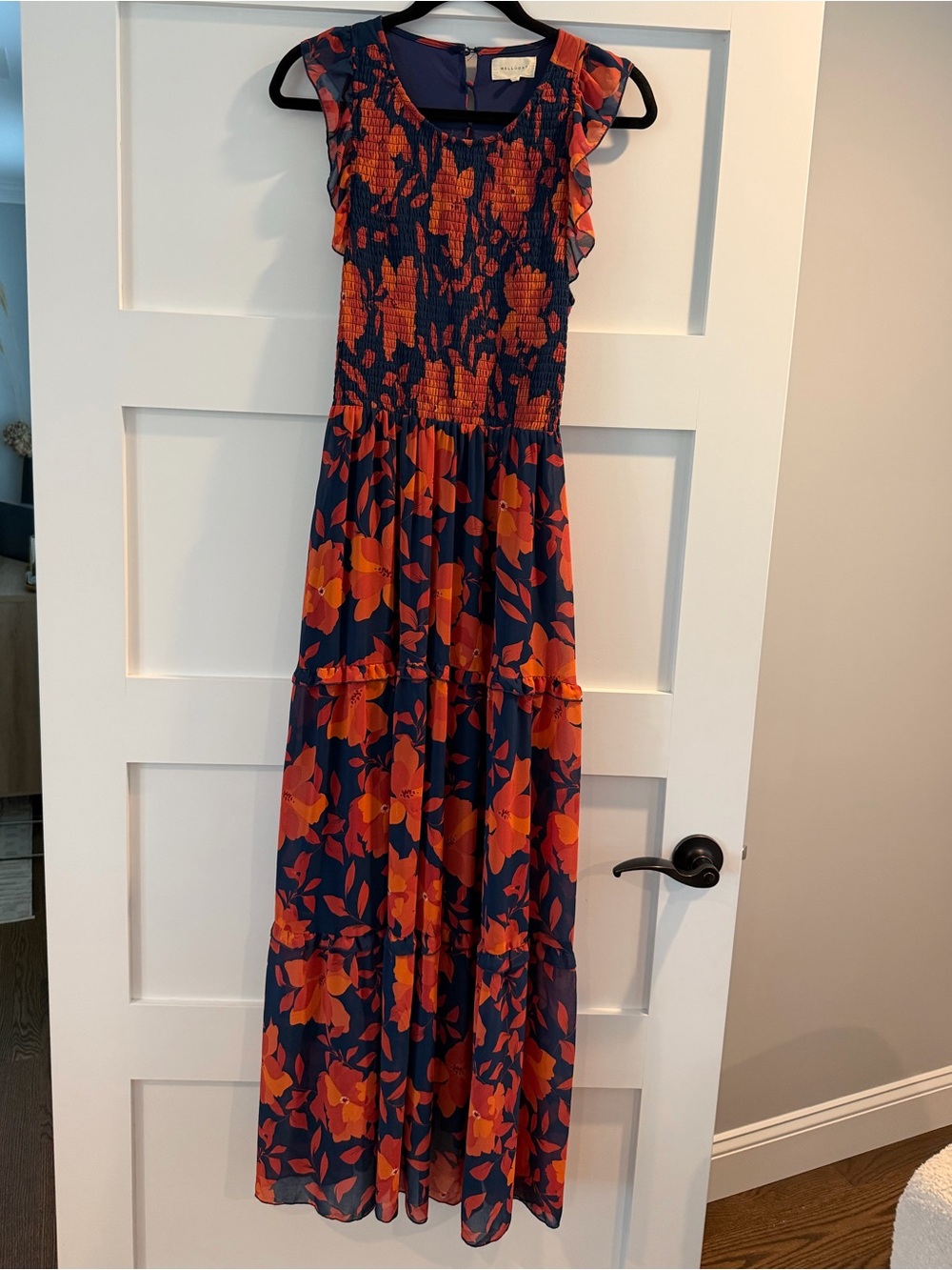 NWOT MELLODAY Navy and Orange Floral Maxi Dress